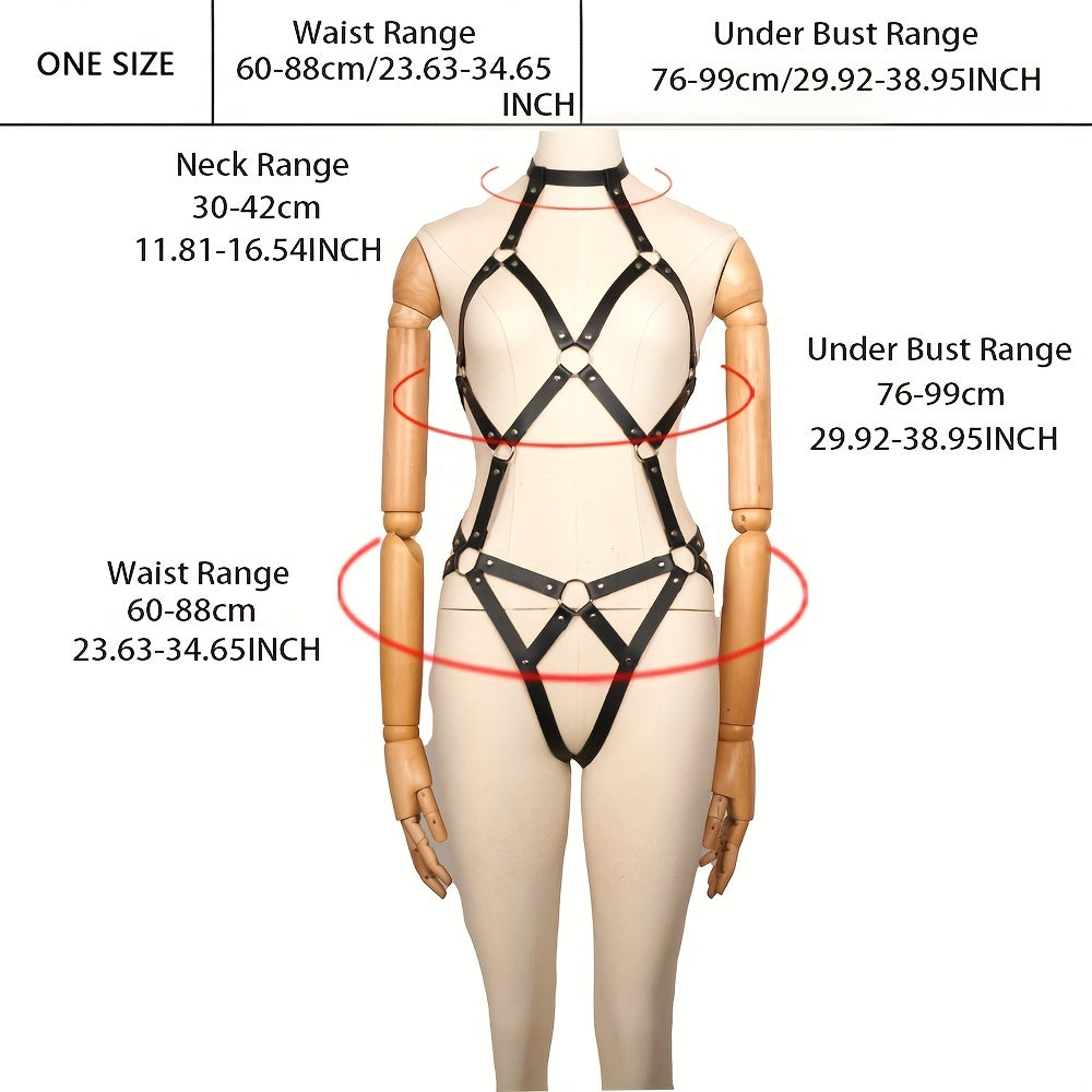 エロティックな大人のボディガーターベルトボディスーツ、パンク中空アウトホルターストラップケージボディスーツ、女性のセクシーなランジェリー&下着アクセサリー - 大人に適[MPFI24080058]最