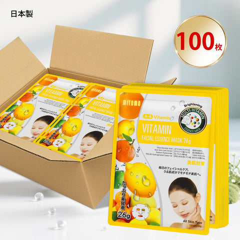 MITOMO<日本製＞ ナチュラルビタミンブライトニングフェイシャルエッセンスマスク/100枚- 肌を明るく輝かせる天然ビタミンで美しい肌へ！【MTSS00516-A-4x010】