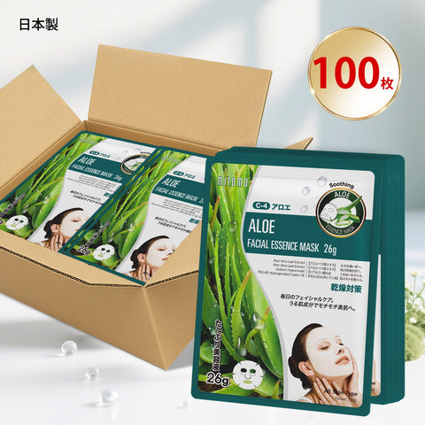 MITOMO <日本製＞ナチュラルアロエモイスチャライジングフェイシャルエッセンスマスク/100枚- 自然アロエで肌を潤す！毎日のスキンケアで健康的な美肌を手に入れよう！【MTSS00516-C-4x010】