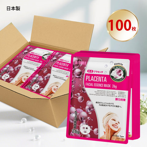MITOMO<日本製＞ プラセンタ弾性フェイシャルエッセンスマスク/100枚- 肌を活性化し、弾力性を与えるナチュラルプラセンタ配合【MTSS00516-E-3x010】
