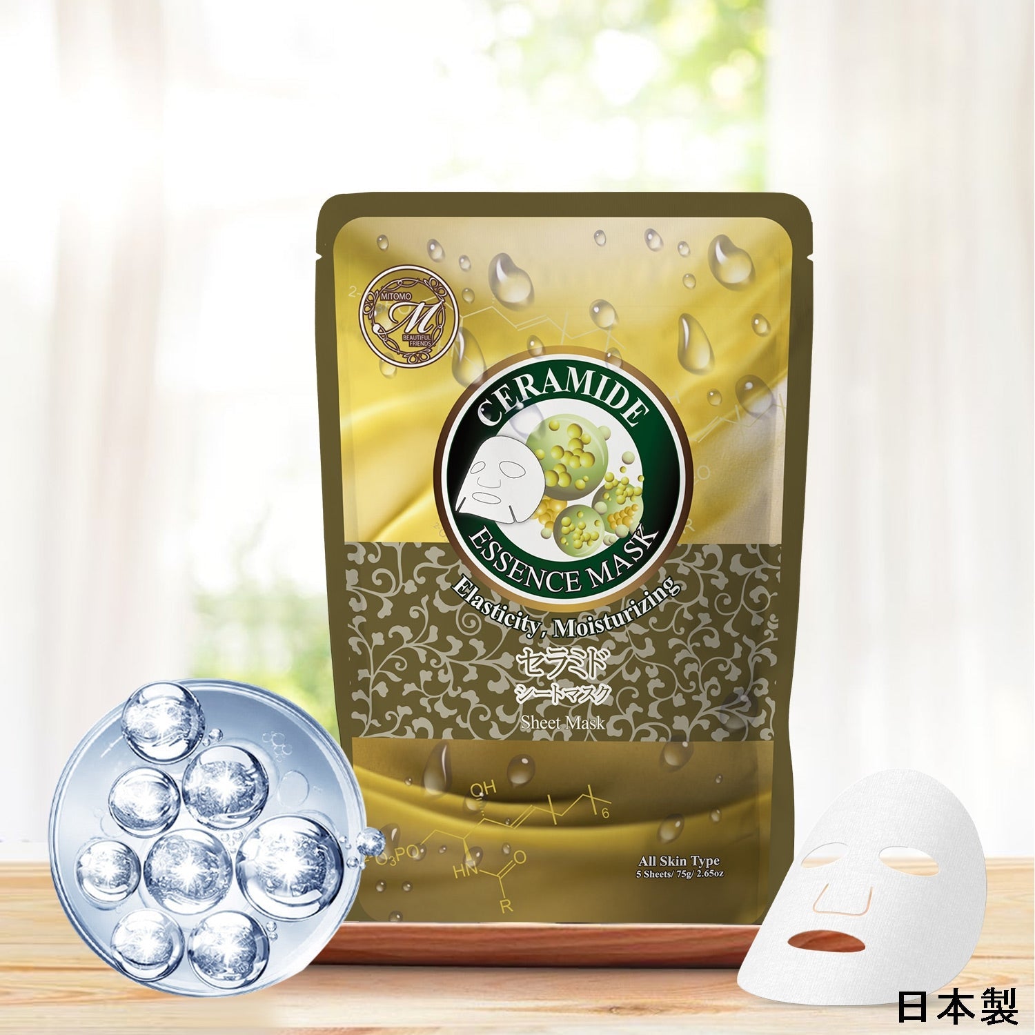 美肌の秘密！MITOMO ナチュラルセラミド弾性保湿フェイシャルエッセンスマスク<日本製＞【MTSA00605-E-3】