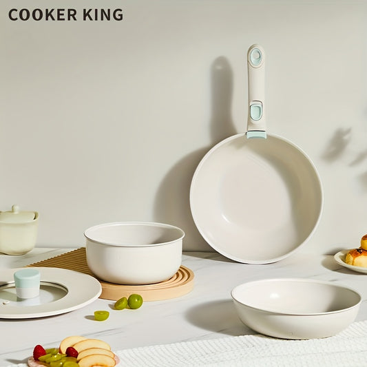 COOKER KING、3個セット、ノンスティックポットとパンセット、ノンスティックセラミック調理セットWok /フライパン＆ソースパン、3つのポットとパン用の蓋付き、取り外し可能なハンドル付き、オーブンセーフで食器洗い機セーフ、すべてのクックトップに対応、キッチン用品【MPKA24060168】